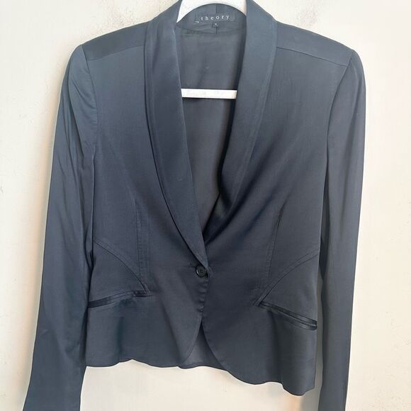 Theory Black Sateen Women’s Tuxedo Blazer 4 - Picture 1 of 8
